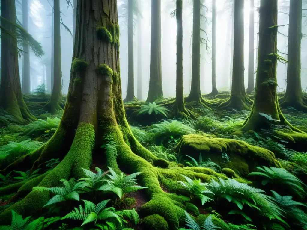 Un bosque nublado y denso con árboles emblemáticos, cubierto de musgo verde y bañado por la luz del sol