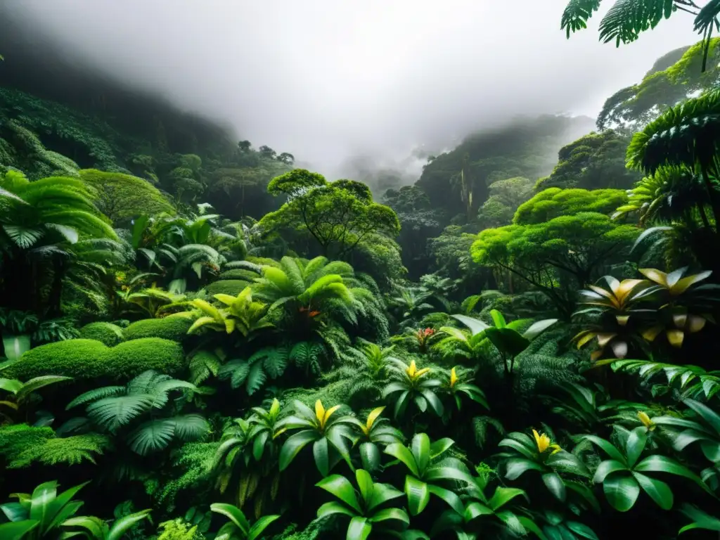 Un bosque nublado exuberante y denso, con árboles diversos y un dosel vibrante, bañado en neblina