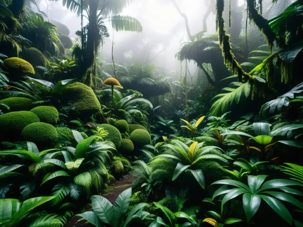 Un bosque nublado exuberante y denso, con árboles gigantes cubiertos de epífitas y musgo