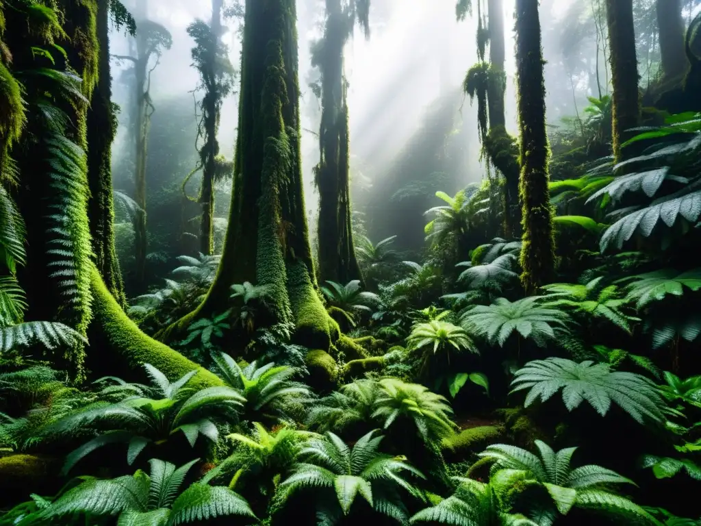 Un bosque nublado exuberante y mágico, con árboles altos cubiertos de epífitas y musgo