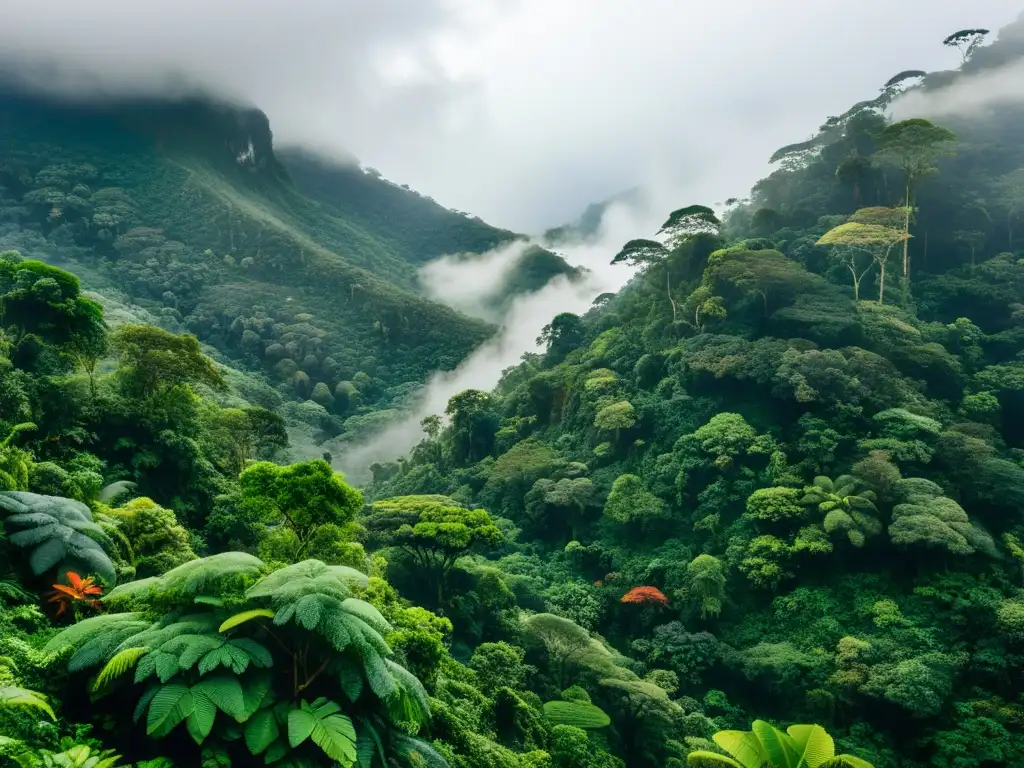 Un bosque nublado exuberante y misterioso en la ladera de una montaña, con árboles majestuosos, follaje verde vibrante y neblina entre el dosel