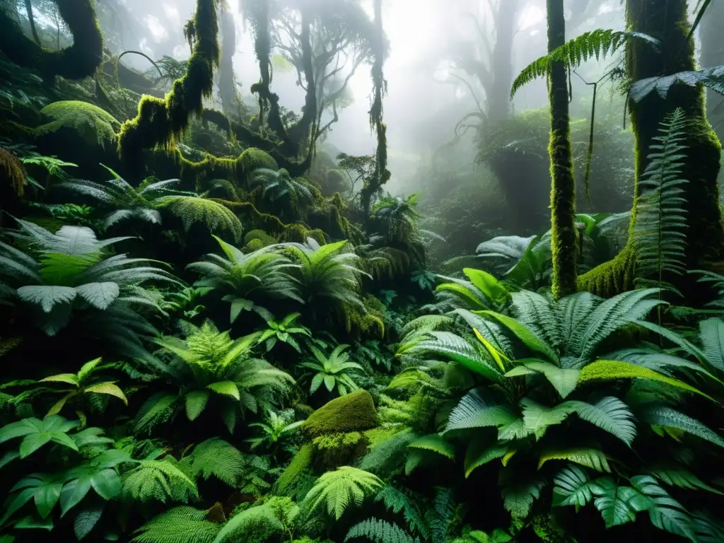 Un bosque nublado exuberante y místico, con árboles gigantes cubiertos de epífitas