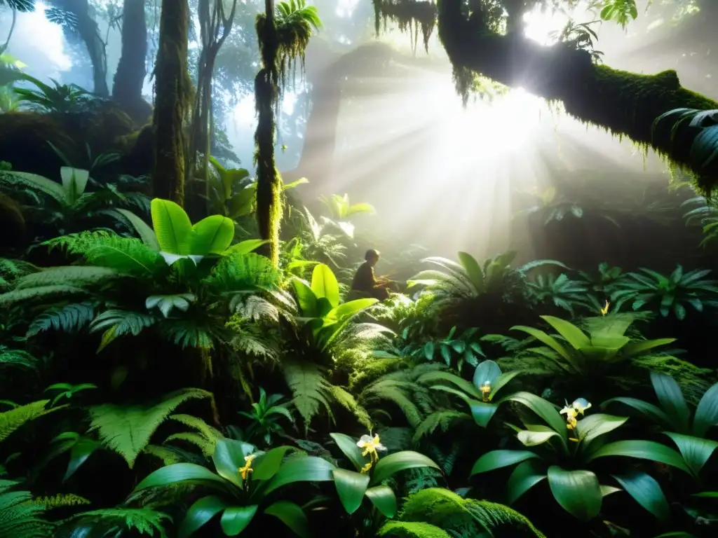 Un bosque nublado exuberante con plantas medicinales bosques nublados, donde un sanador tradicional recolecta hierbas con reverencia y destreza