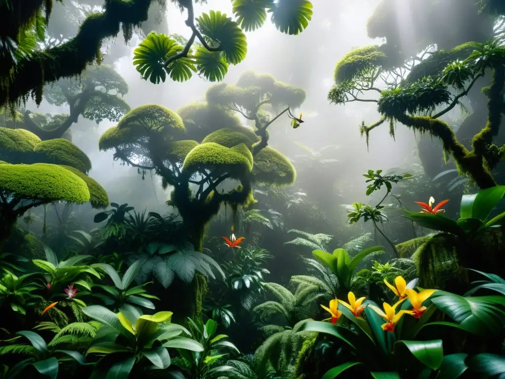 Bosque nublado exuberante, repleto de flora y fauna variada, resplandece con una luz etérea, destacando la belleza y biodiversidad