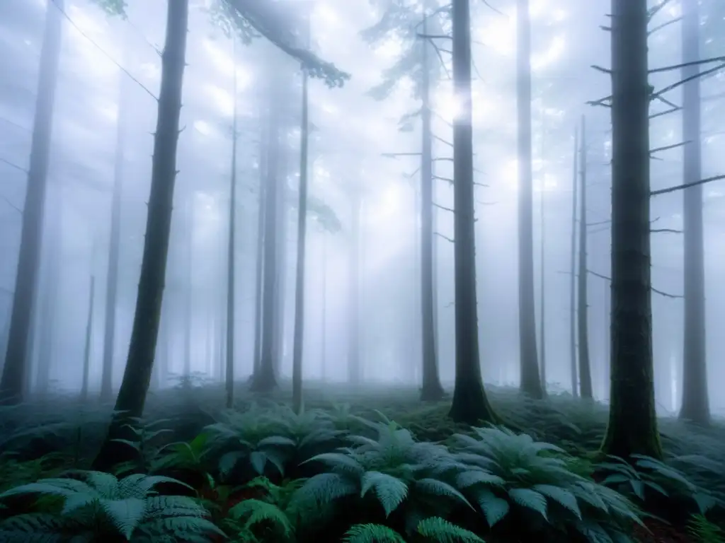 Un bosque nublado en la mañana temprano, con árboles envueltos en niebla blanca