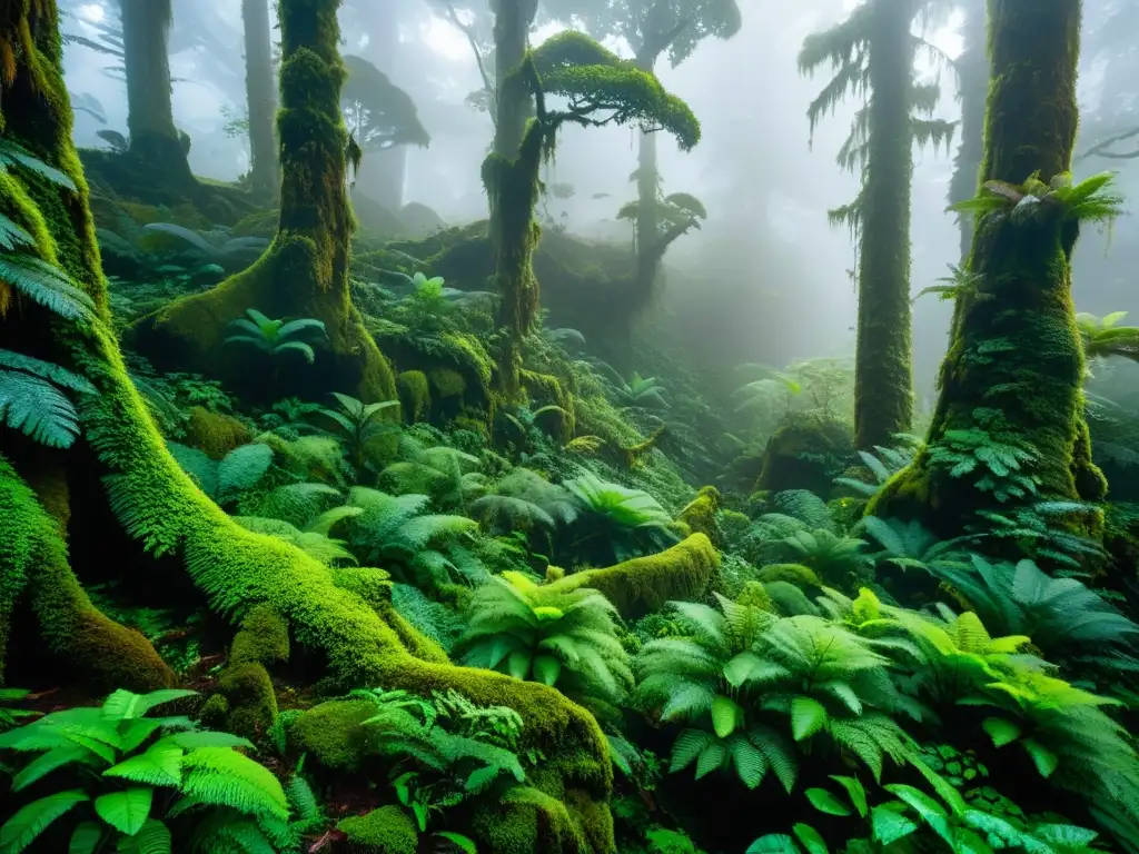 Bosque nublado misterioso y tranquilo, con árboles antiguos envueltos en neblina