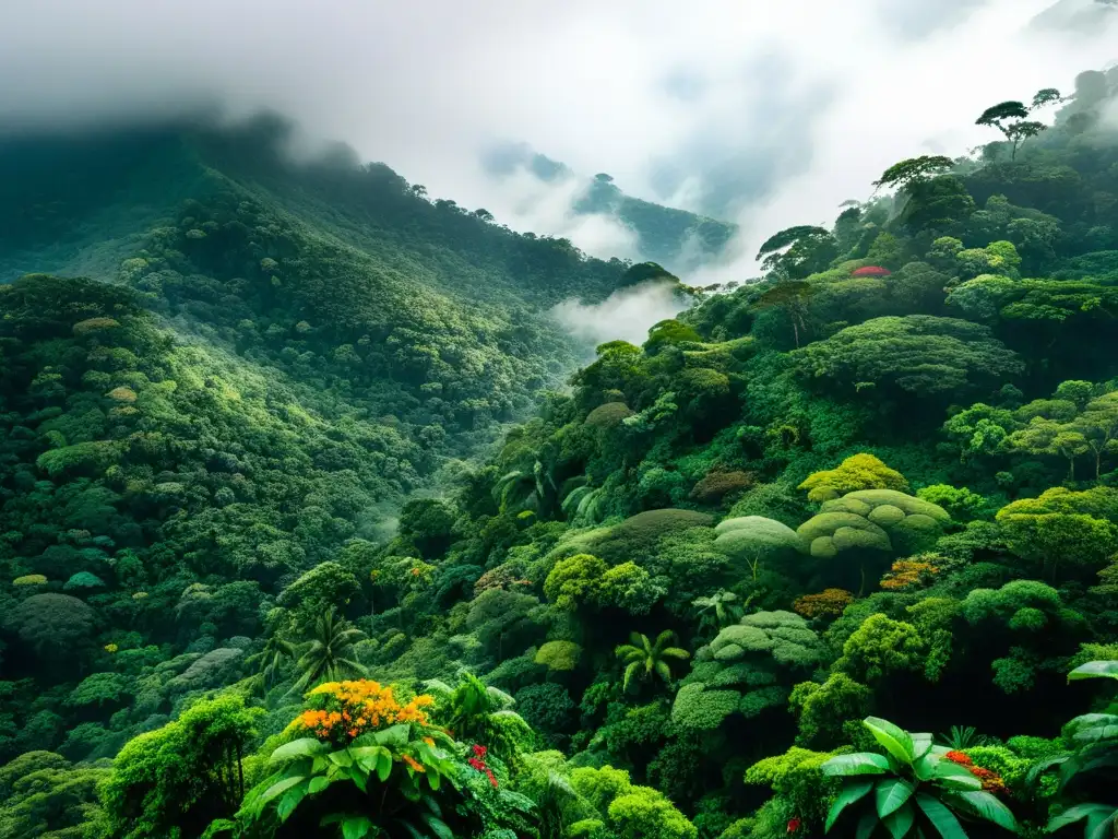 Un bosque nublado místico y biodiverso, con flora y fauna vibrante