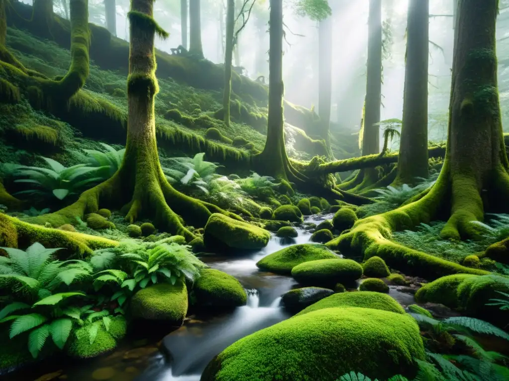 Un bosque nublado místico y etéreo, con árboles cubiertos de musgo y epífitas