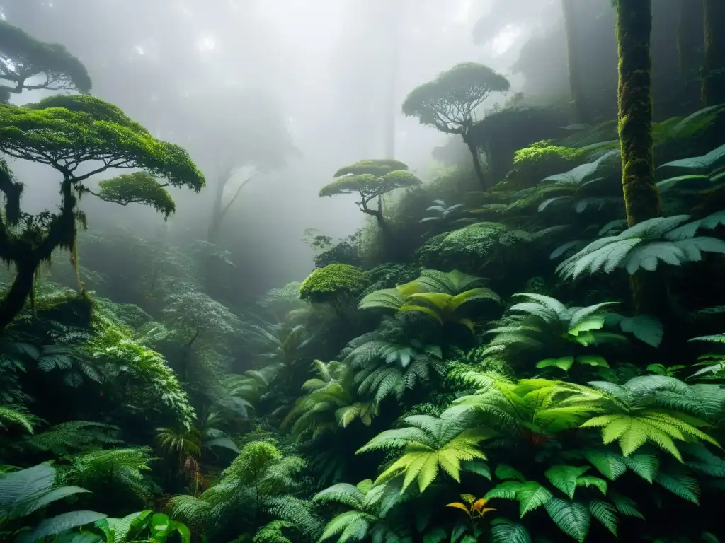 Bosque nublado místico con luz filtrada y follaje vibrante