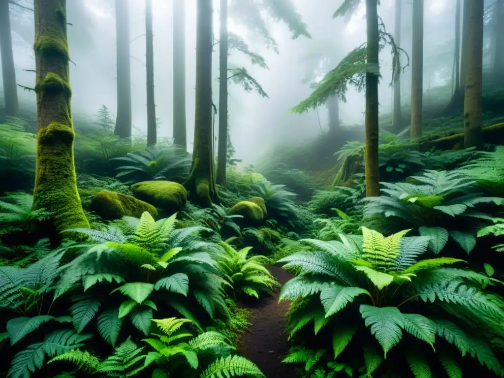 Un bosque nublado con plantas medicinales, árboles imponentes y una atmósfera etérea evocando tranquilidad y maravilla