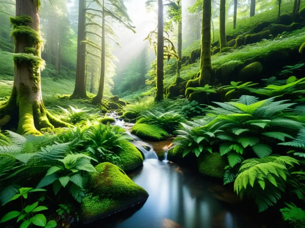 Un bosque prístino con árboles majestuosos, hojas verdes y un arroyo cristalino