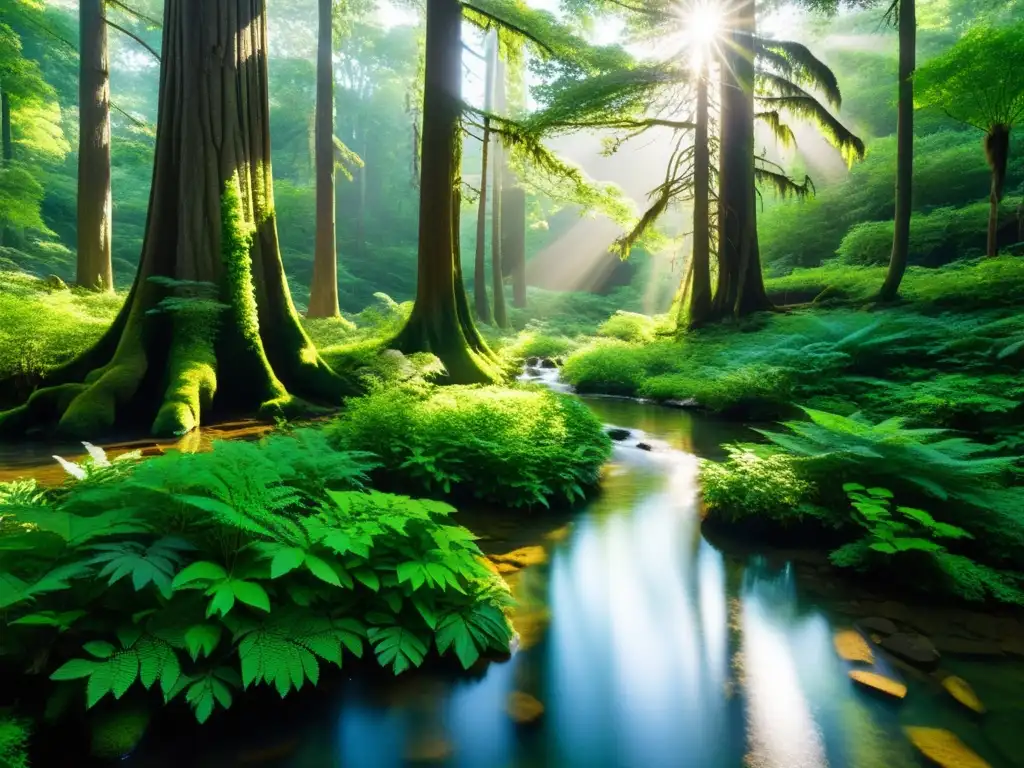 Bosque exuberante y soleado: equilibrio natural Un bosque prístino bañado por el sol, reflejando la importancia de la economía circular en ecosistemas