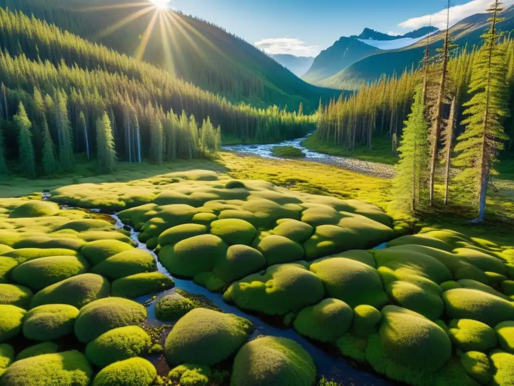 Un bosque prístino de la Taiga, con árboles majestuosos y un río cristalino