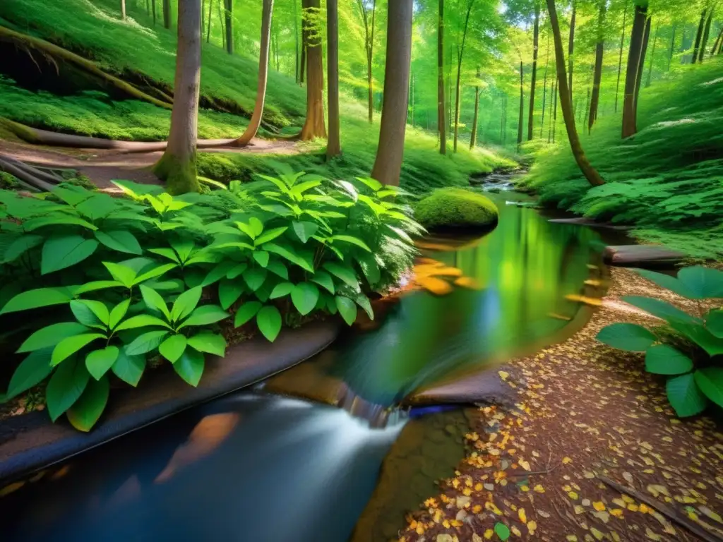 Un bosque prístino y vibrante, con árboles imponentes y luz solar filtrándose entre las ramas