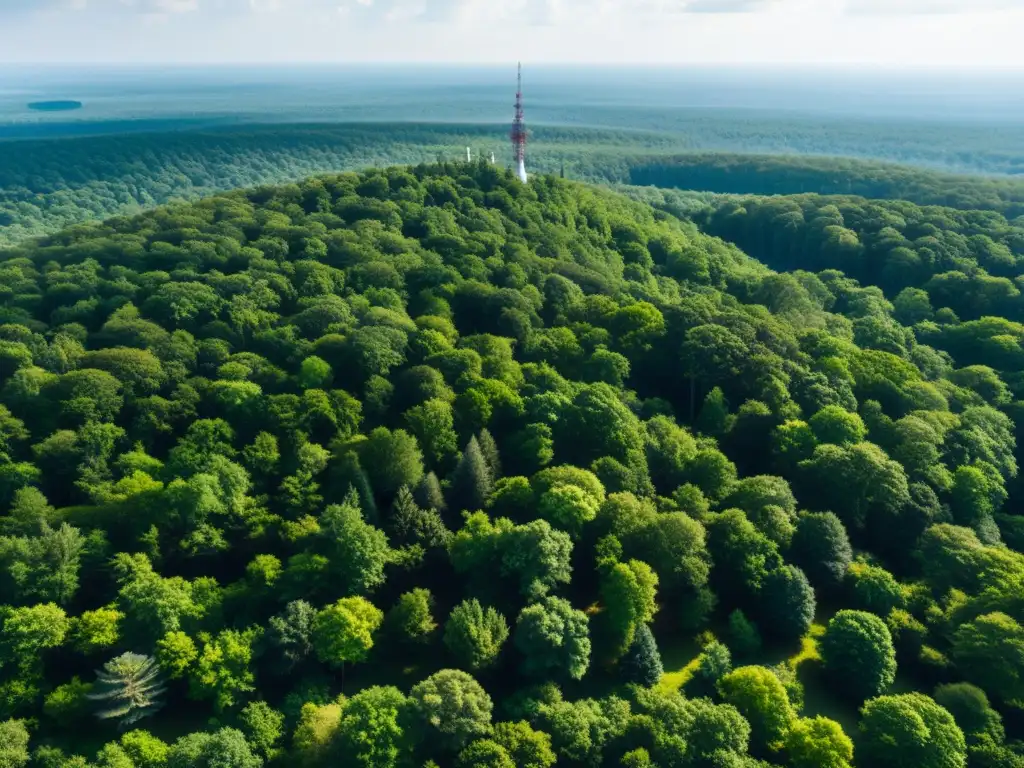 Un bosque remoto con árboles verdes exuberantes, radiante luz solar y una torre de radio, encapsula la conciencia ecológica en zonas remotas