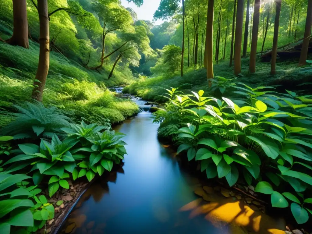 Un bosque sereno y diverso, con luz solar filtrándose entre el denso dosel y creando sombras moteadas en el suelo del bosque