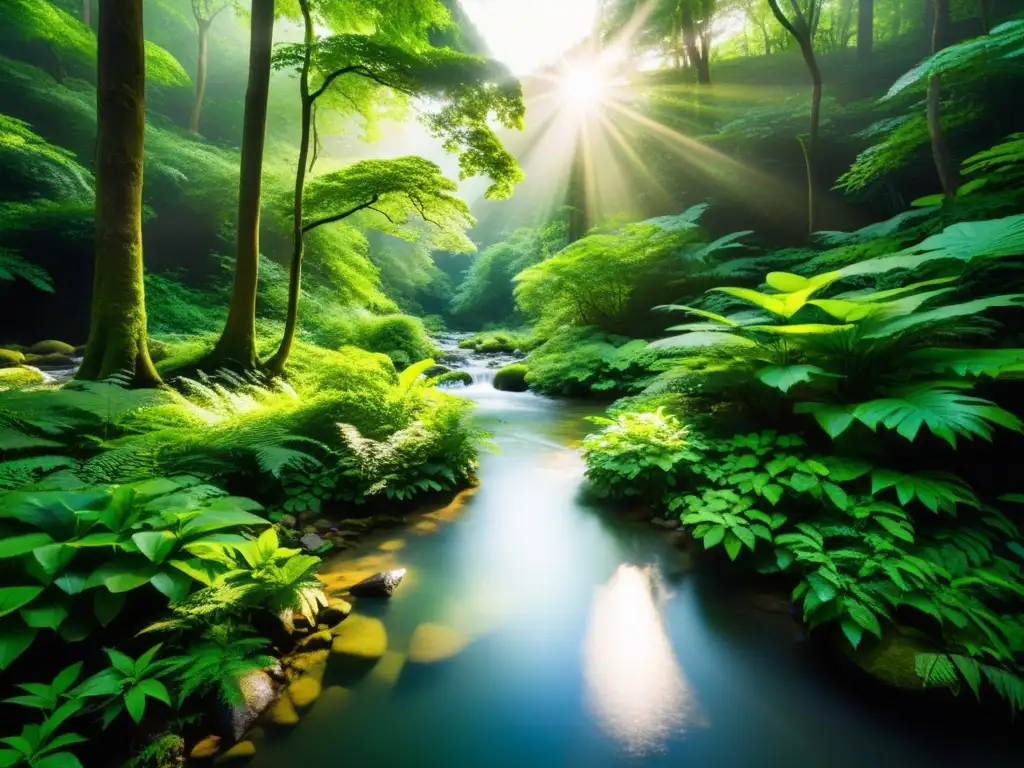 Un bosque sereno y exuberante con luz solar filtrándose a través del dosel, iluminando un arroyo cristalino