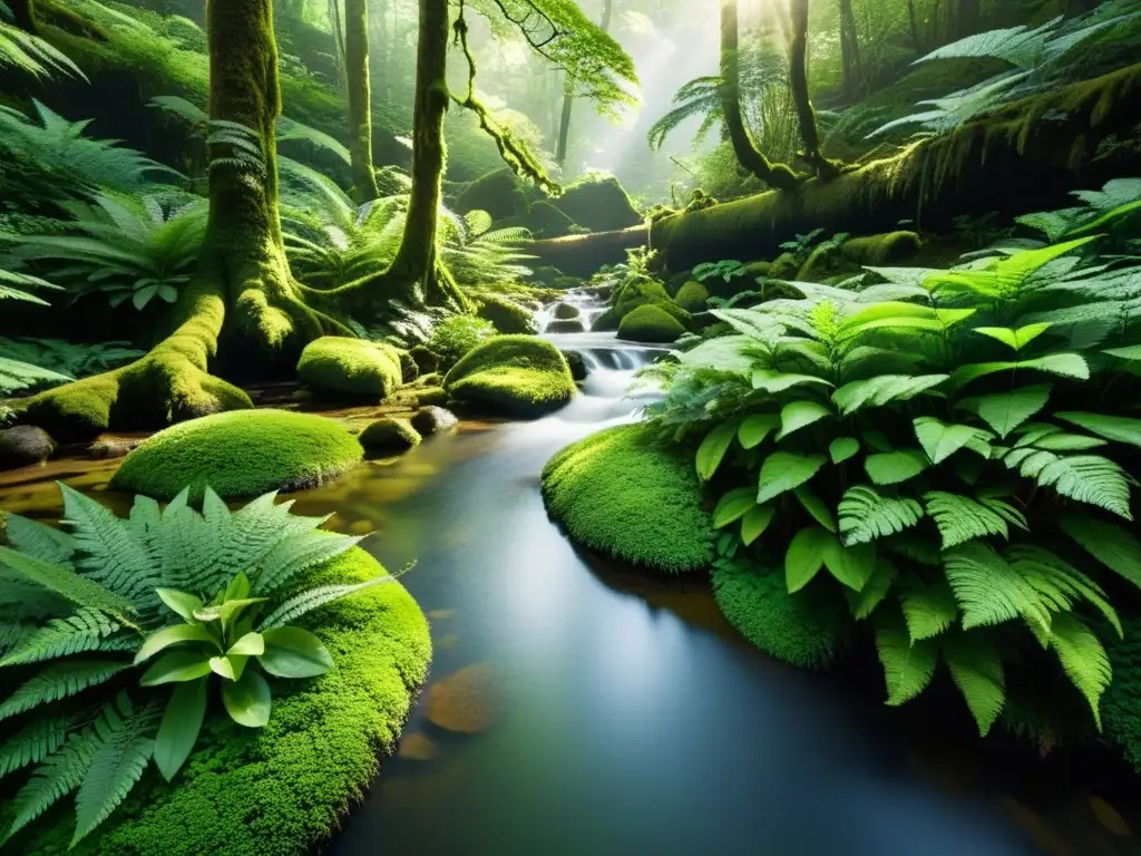 Un bosque sereno y exuberante con luz solar filtrándose a través del dosel, iluminando un exuberante tapiz de musgo y helechos