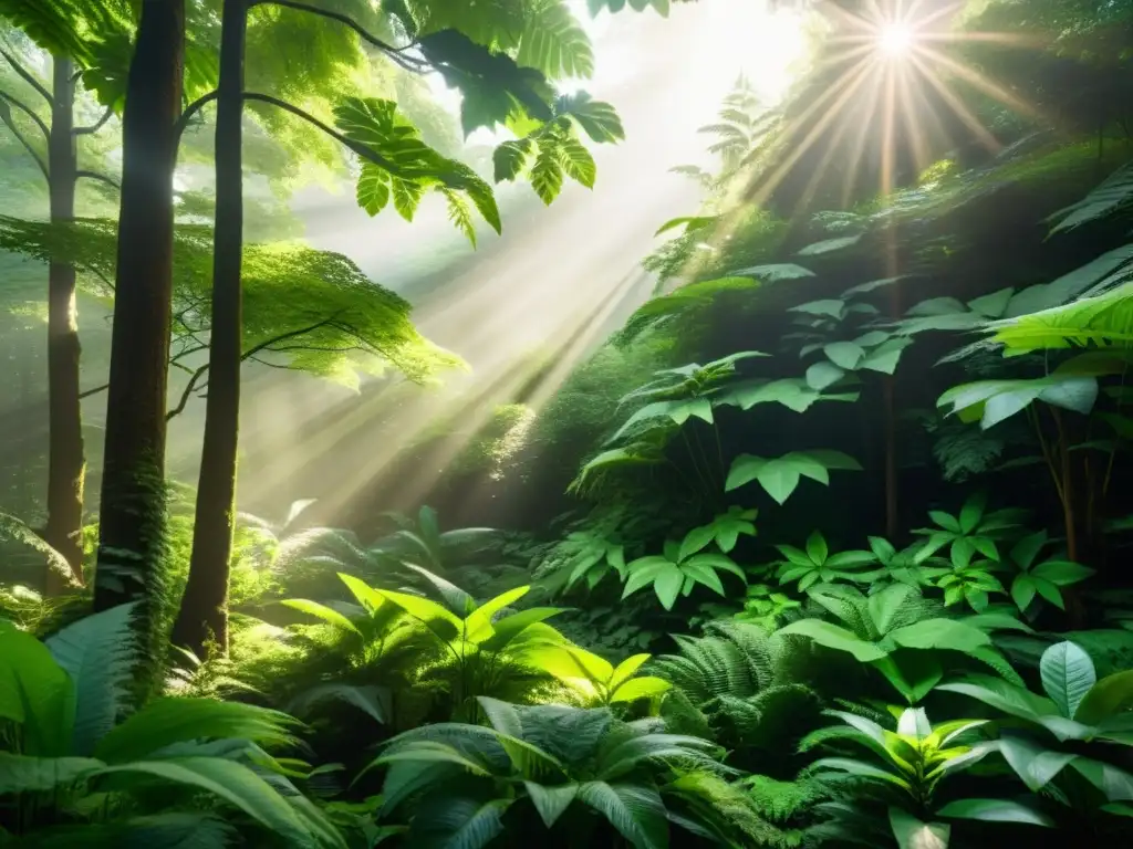 Un bosque sereno y exuberante, con rayos de sol iluminando el dosel, resaltando la exuberante vegetación y la diversa vida vegetal