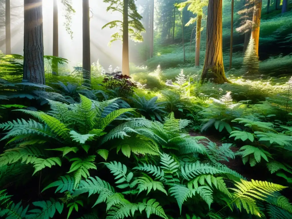 Un bosque sereno iluminado por el sol, con una diversidad de plantas