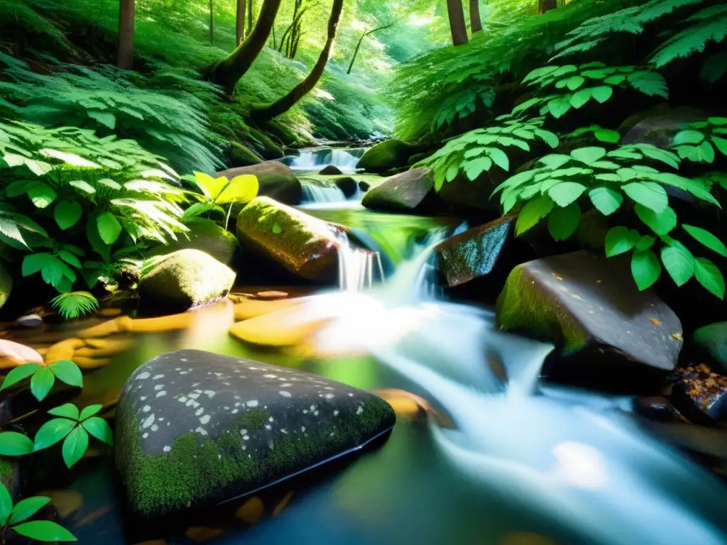 Un bosque sereno con luz solar filtrándose entre el frondoso dosel verde