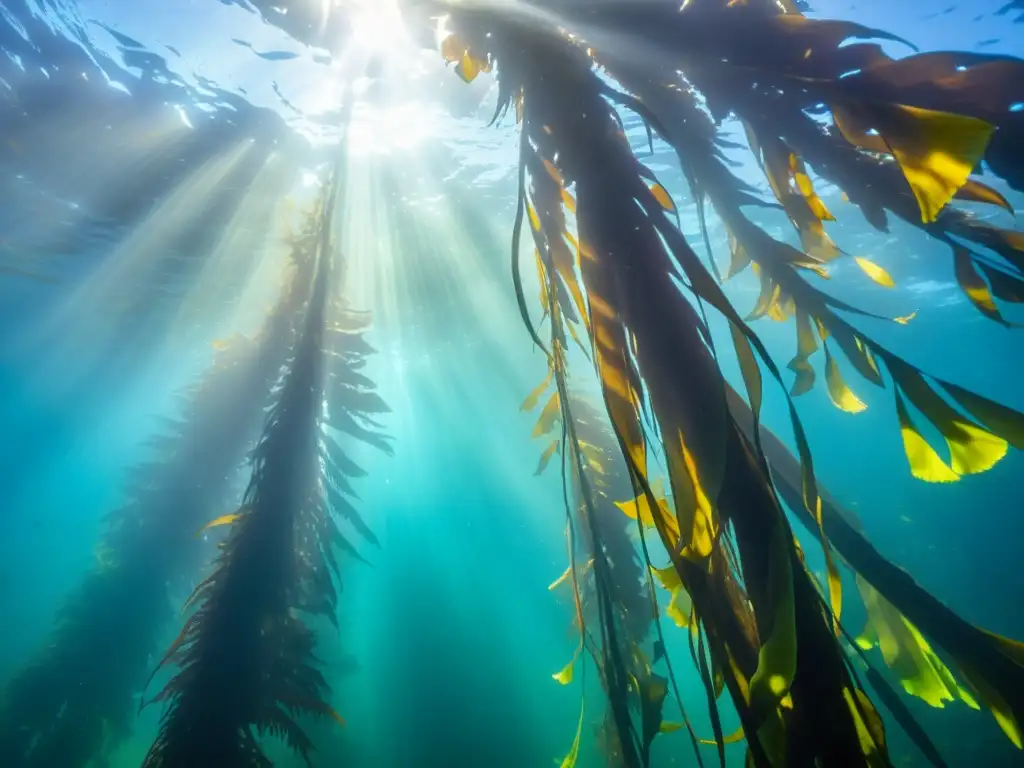 Un bosque submarino de algas vibrante y detallado, con luz solar dappled