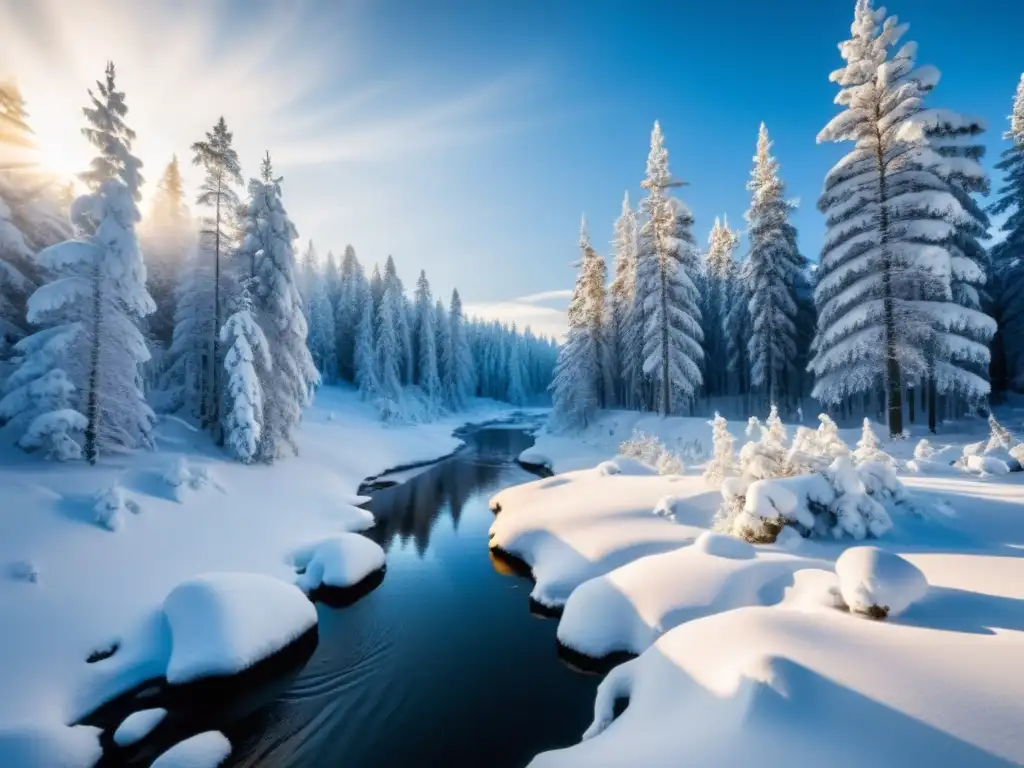 Un bosque de taiga cubierto de nieve en invierno, con árboles altos y delgados que se elevan hacia el cielo