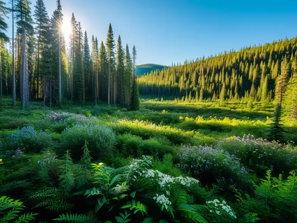 Un bosque de Taiga exuberante y denso, con árboles de hoja perenne que se alzan hacia el cielo