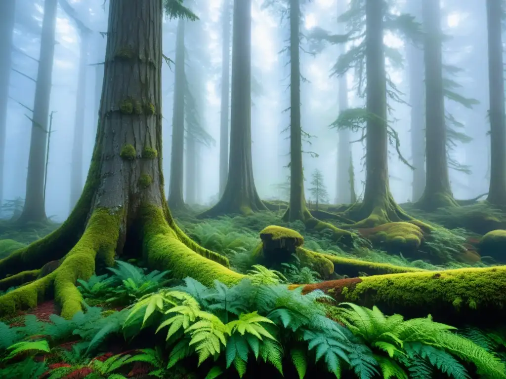 Un bosque templado cubierto por una densa niebla, con árboles de hoja perenne que se elevan hacia el cielo