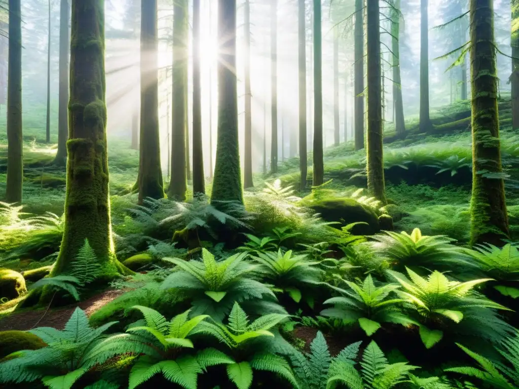 Un bosque templado exuberante y biodiverso con árboles majestuosos y abundante vegetación