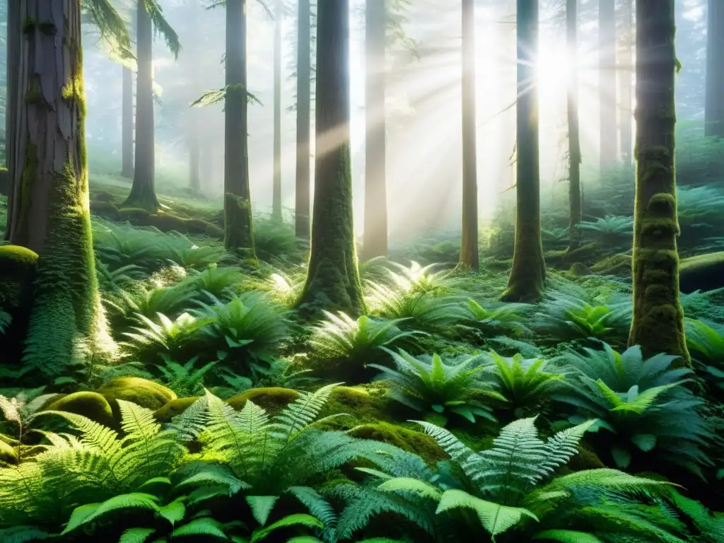 Un bosque templado exuberante, con flora diversa y vida animal activa