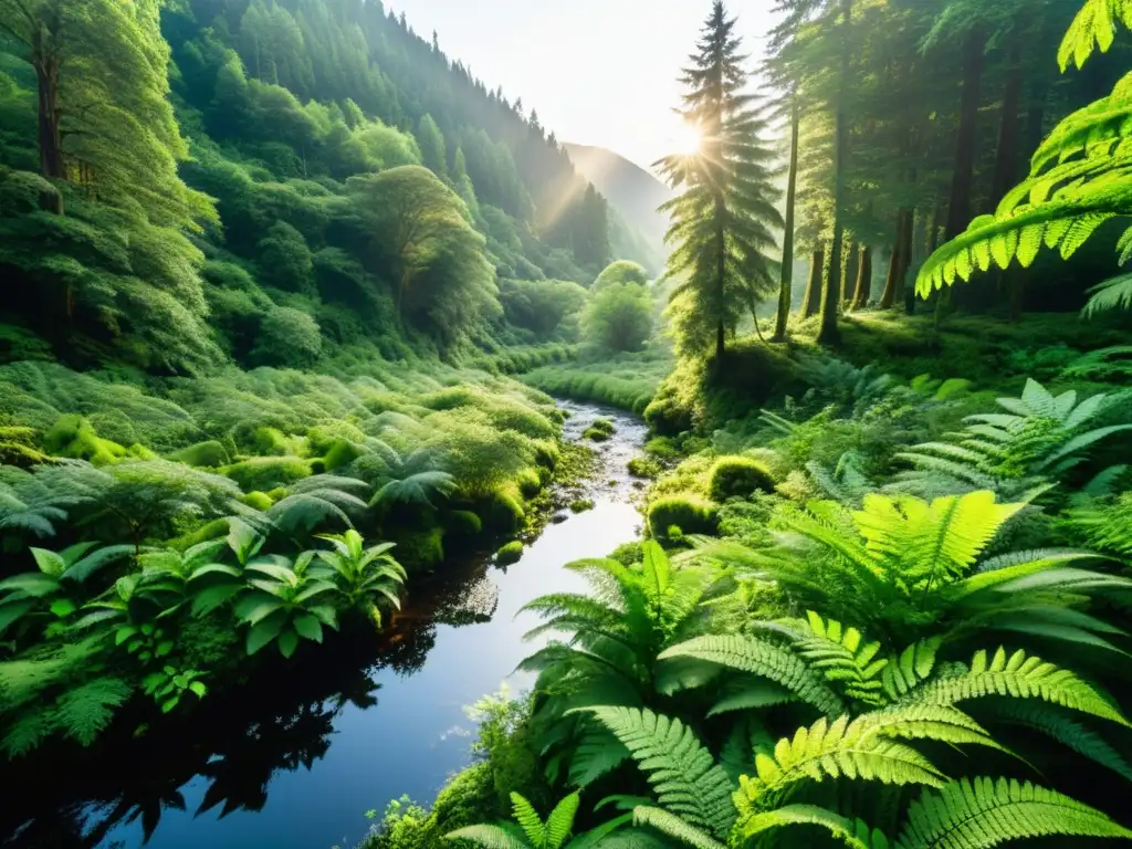 Un bosque templado exuberante, con rayos de sol entre la frondosa vegetación y un arroyo sereno