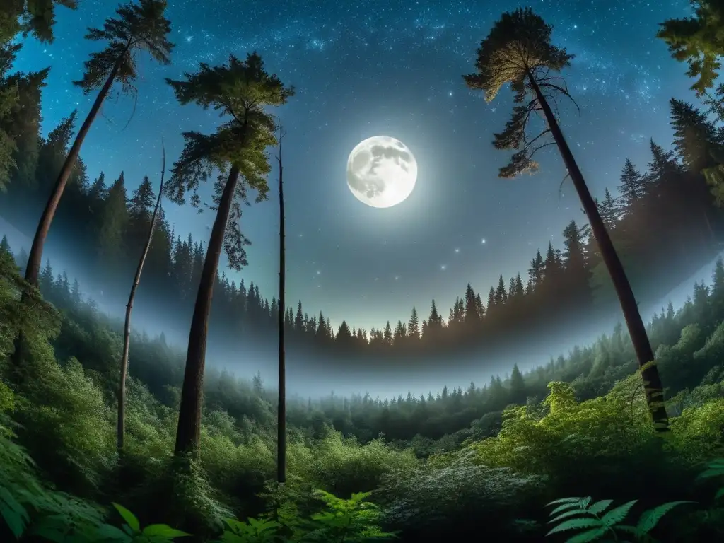 Bosque nocturno: belleza serena y sonidos naturales Un bosque templado iluminado por la luna y las estrellas, creando sombras y sonidos nocturnos