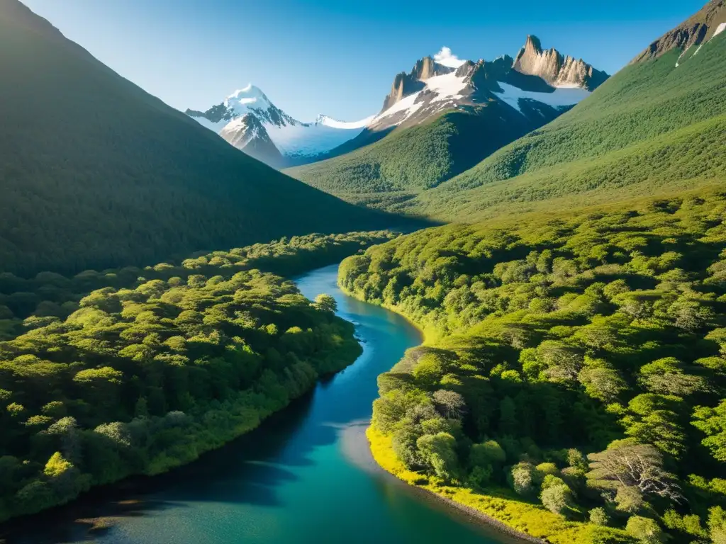 Un bosque virgen en Tierra del Fuego Patagonia, con exuberante vegetación y un río cristalino