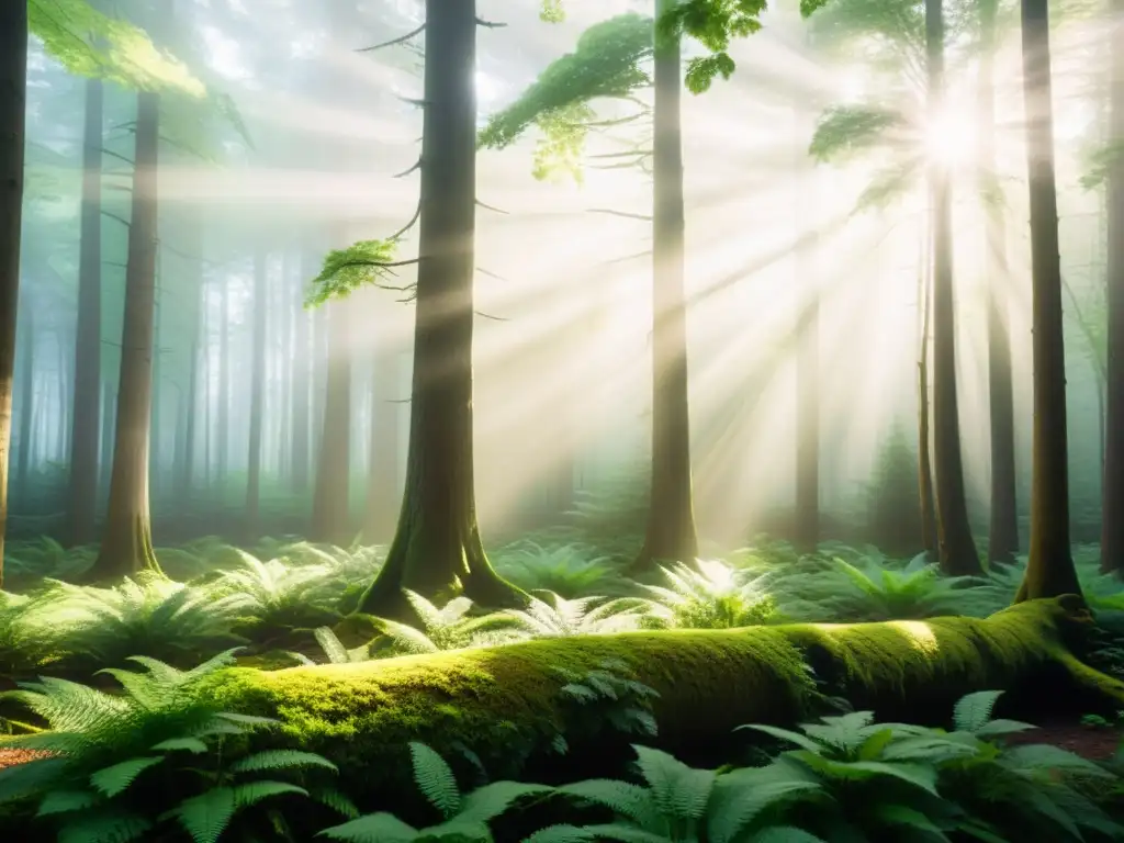 Un bosque tranquilo y sereno con rayos de sol iluminando el follaje verde y creando sombras detalladas en el suelo