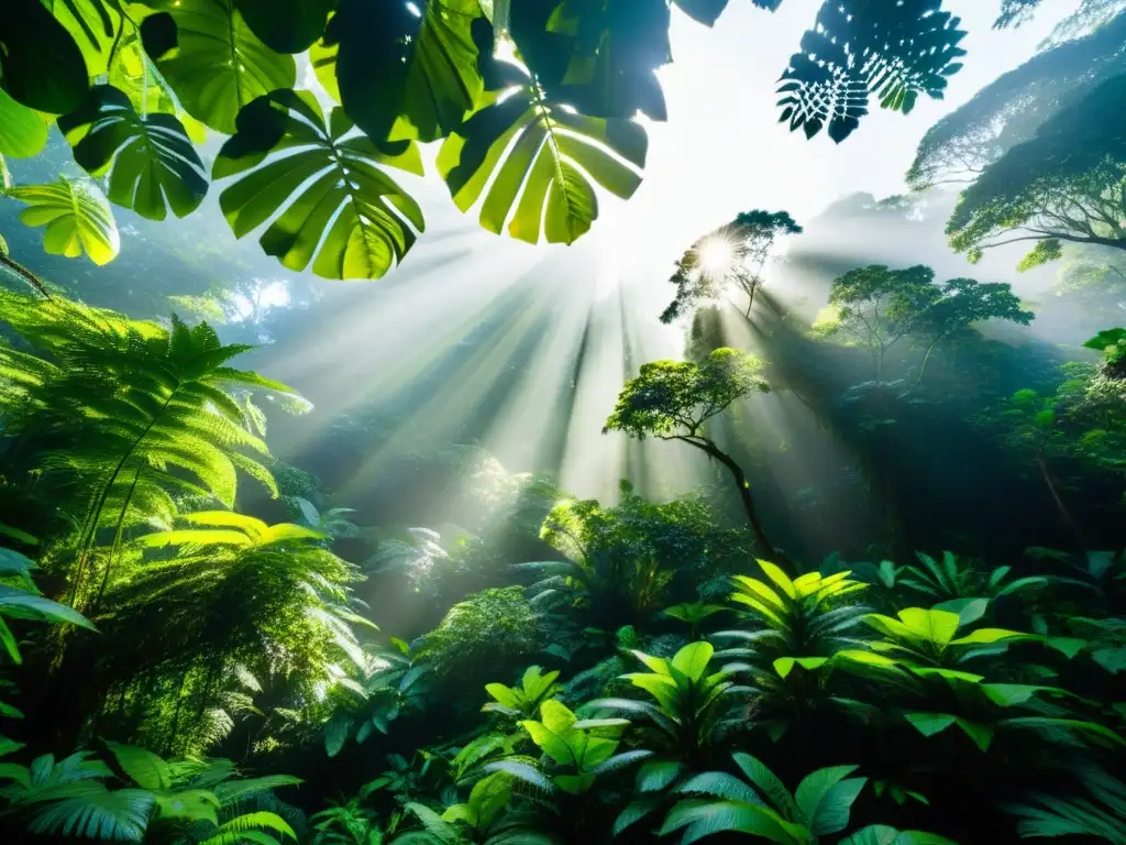 Un bosque tropical exuberante con luz solar filtrándose a través del dosel