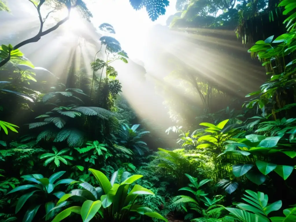 Un bosque tropical exuberante y vibrante, lleno de vida y biodiversidad, que muestra el impacto del cambio climático en la naturaleza