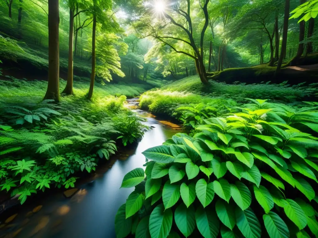 Un bosque verde exuberante con luz solar filtrándose a través del dosel, iluminando la exuberante vegetación y creando un patrón moteado en el suelo del bosque