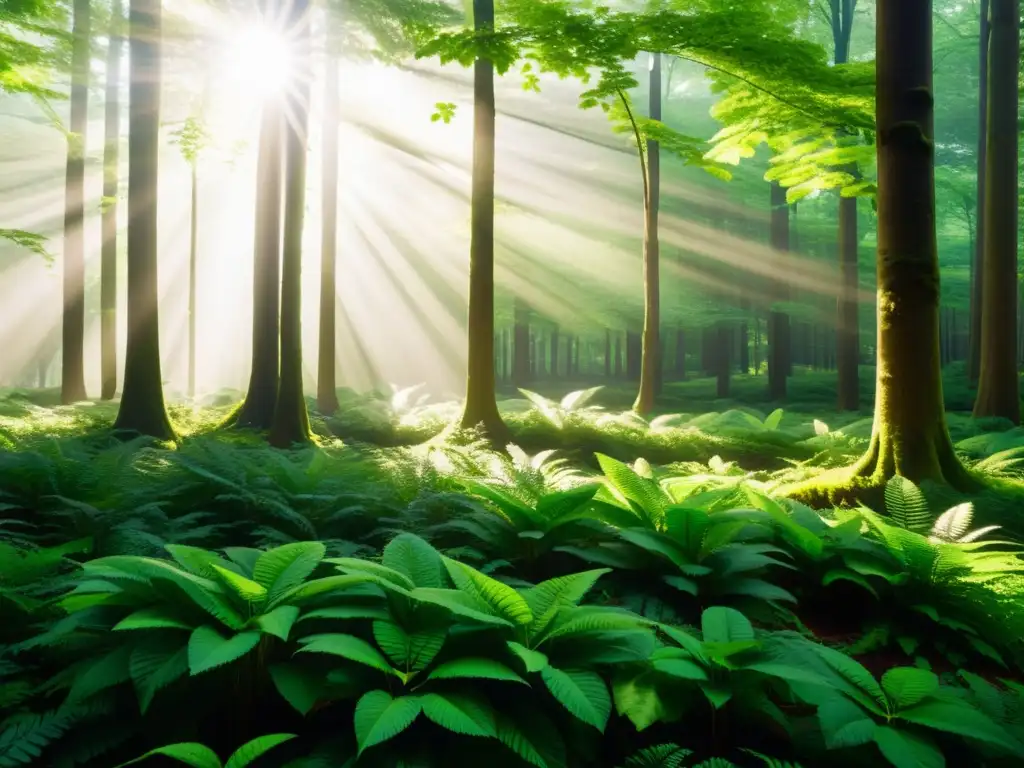 Un bosque verde vibrante con luz solar filtrándose entre las hojas