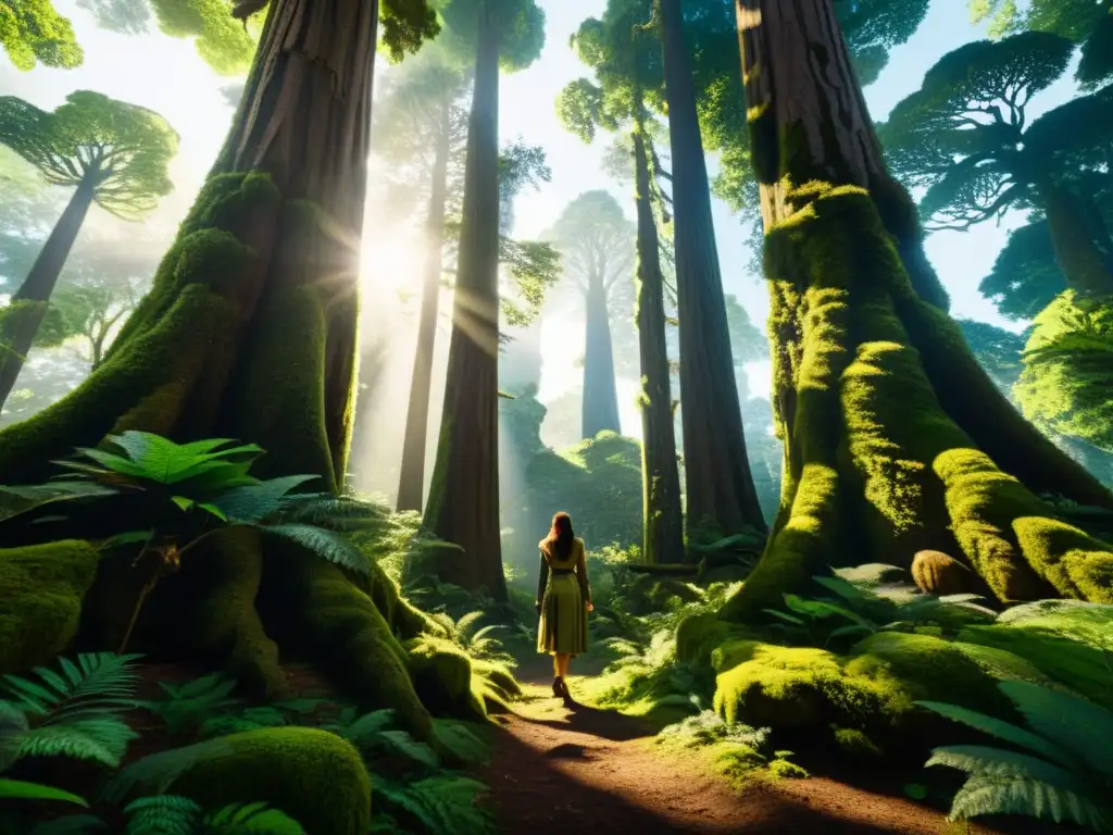 Bosque ancestral: misterio y majestuosidad Bosques antiguos literatura universal: Un bosque denso y antiguo con árboles cubiertos de musgo, brindando una atmósfera de misterio y eternidad