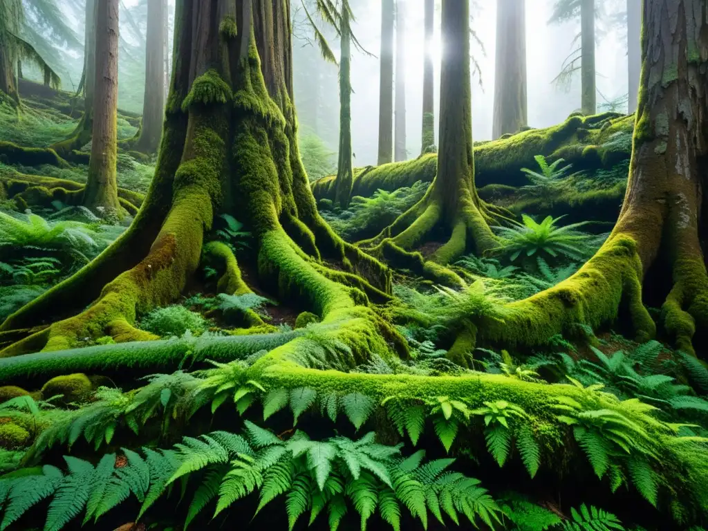 Bosque ancestral: majestuosidad y biodiversidad en la naturaleza Bosques antiguos literatura universal: majestuoso bosque antiguo con árboles centenarios, luz dorada y biodiversidad exuberante