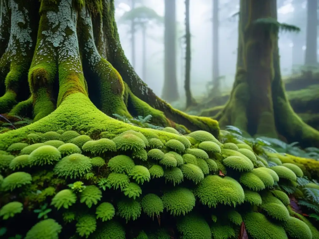 Biodiversidad en bosques nublados: Detalle de un tronco cubierto de musgo en un bosque nublado, con luz suave filtrándose entre la vegetación