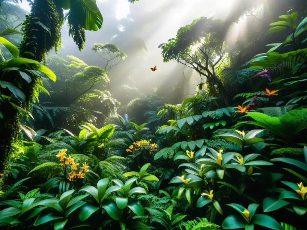 Biodiversidad en bosques nublados: un exuberante bosque de nubes, con una diversidad de vida y exuberante vegetación verde