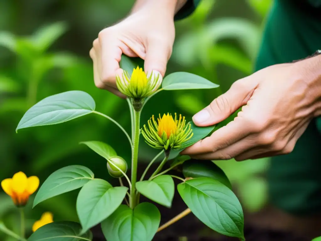 Botánico experto recolectando semillas de flor en ecosistema vibrante, demostrando su dedicación a la restauración de flora endémica