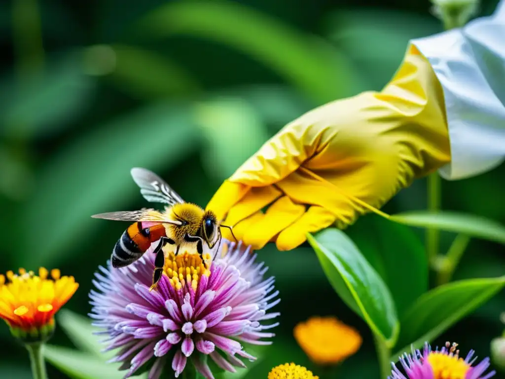 Un botánico recolecta polen de una exótica flor en un jardín botánico, resaltando la preservación de especies en jardines botánicos