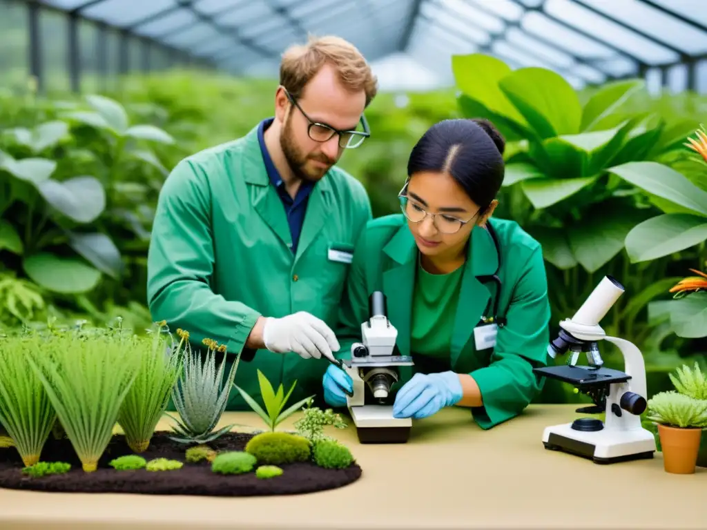 Botánicos de distintos países trabajan juntos en la conservación de plantas en un exuberante jardín botánico, usando equipo especializado