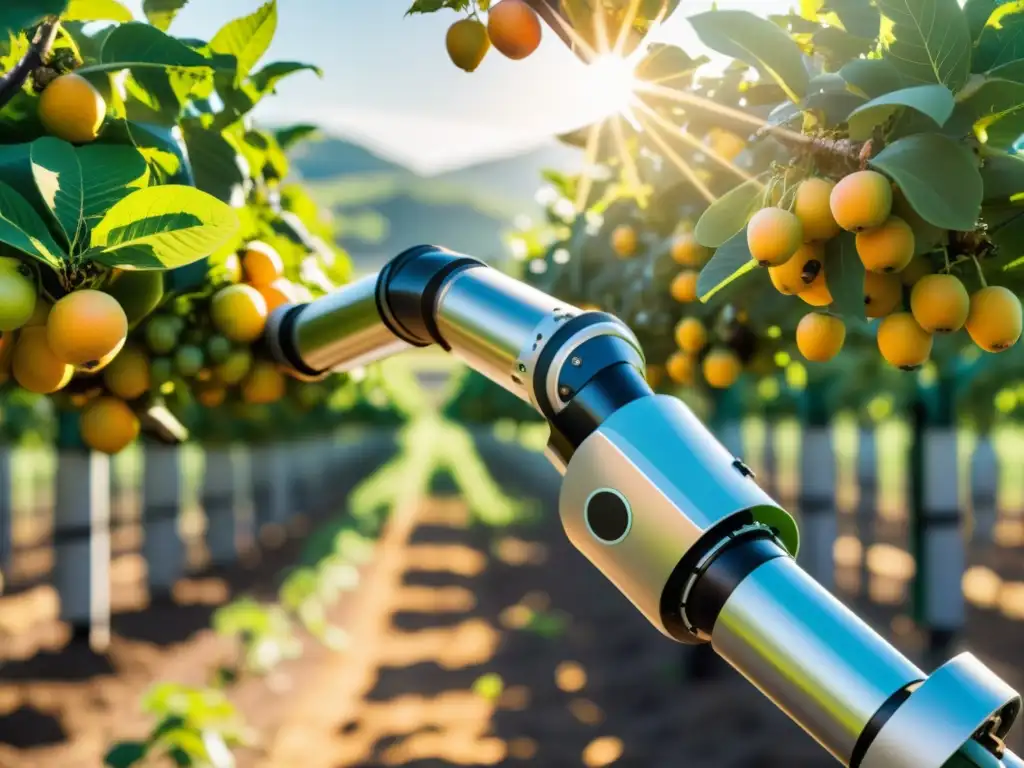 Un brazo robótico cosecha frutas en un huerto vibrante, mostrando la integración de la robótica en la agricultura sostenible