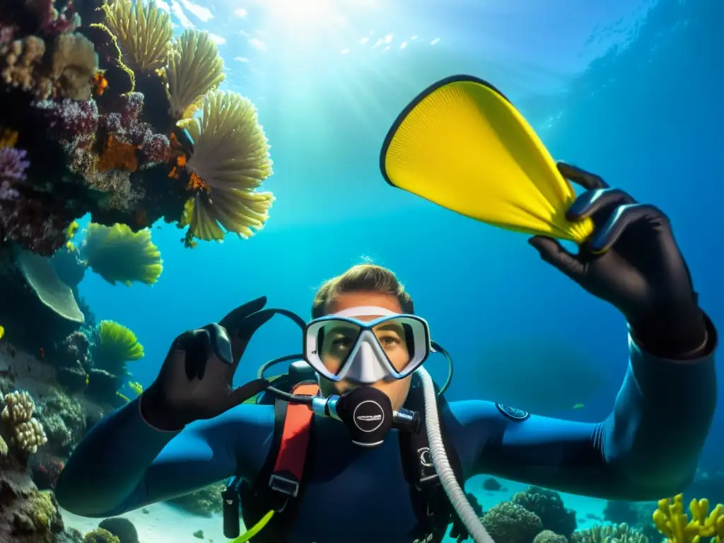 Un buceador inspecciona y limpia su equipo de protección solar en un vibrante arrecife de coral