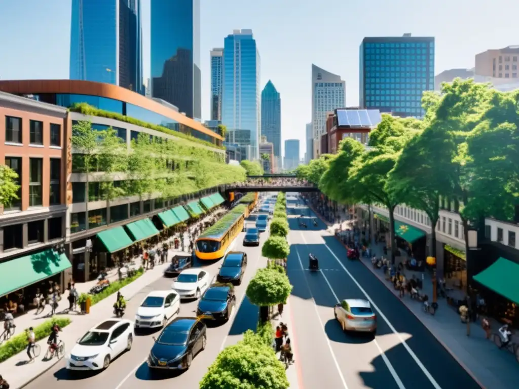 Fotografía de una bulliciosa calle de la ciudad durante la hora pico, con actividades de inversión sostenible y paisajes urbanos integrados