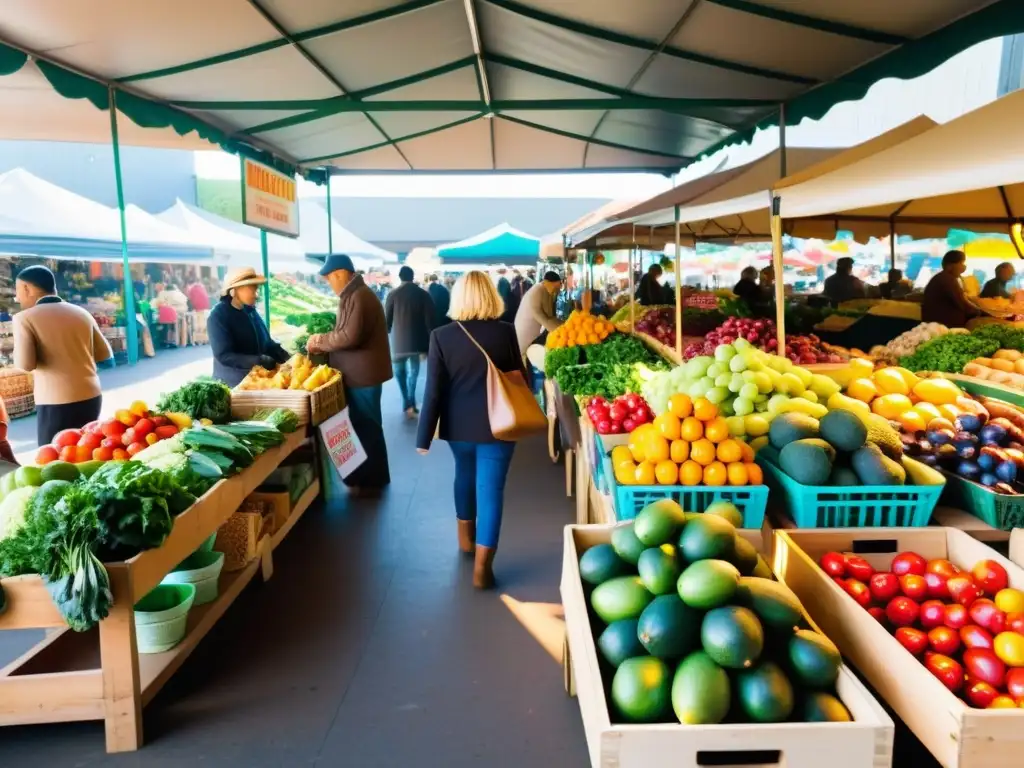 Una bulliciosa feria orgánica llena de coloridos productos frescos, energía y diversidad